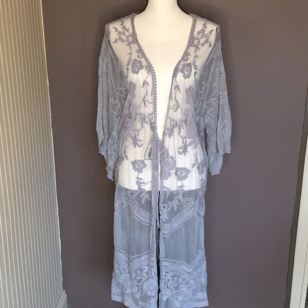 Pol sheer gray lace cardigan size‎ m/l ties in fr…